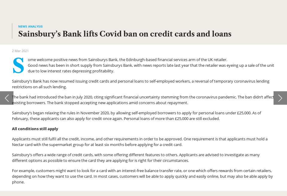 Sainsbury’s Bank lifts ban on credit cards, loans to selfemployed